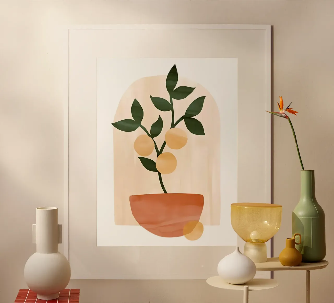 Abstrakte Kunst, Zitrone Poster, Moderner Druck, Mediterrane Kunst Poster mit Kunststoffrahmen von Boheme