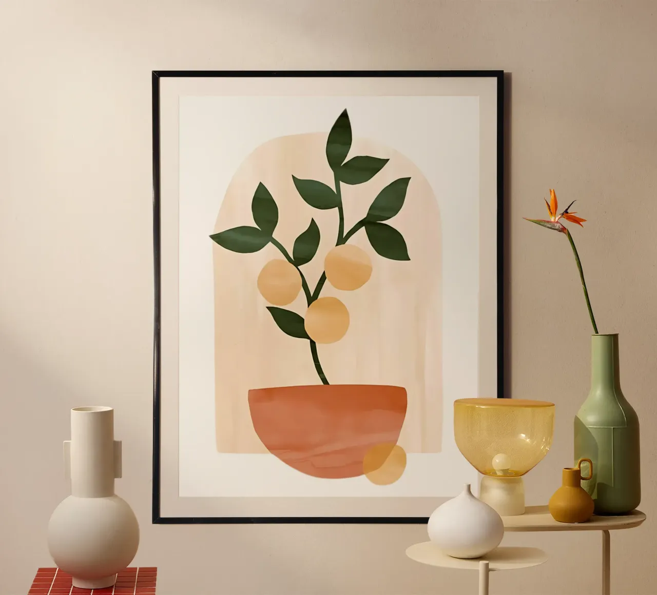 Abstrakte Kunst, Zitrone Poster, Moderner Druck, Mediterrane Kunst Poster mit Kunststoffrahmen von Boheme