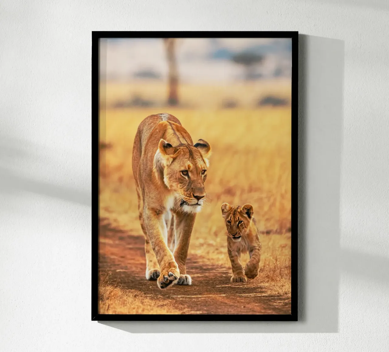 cucciolo di leone e mamma poster con telaio in alluminio da syabiqo