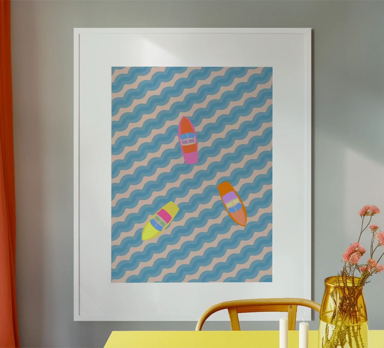 Barche a motore colorate su onde blu poster da Alisa Knöß