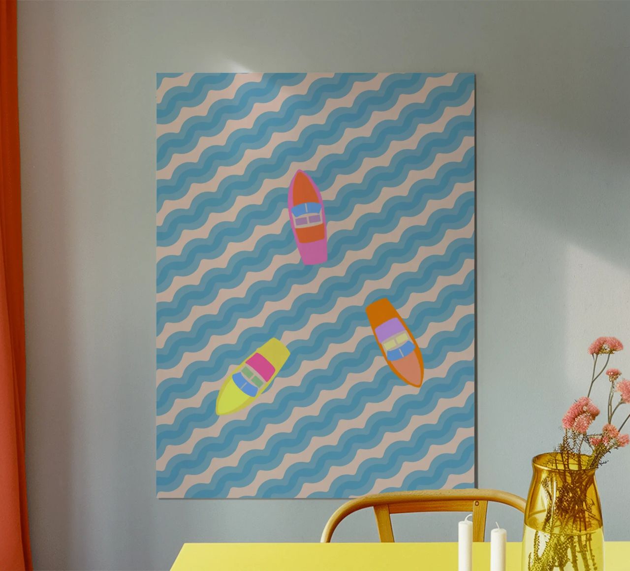 Barche a motore colorate su onde blu poster da Alisa Knöß