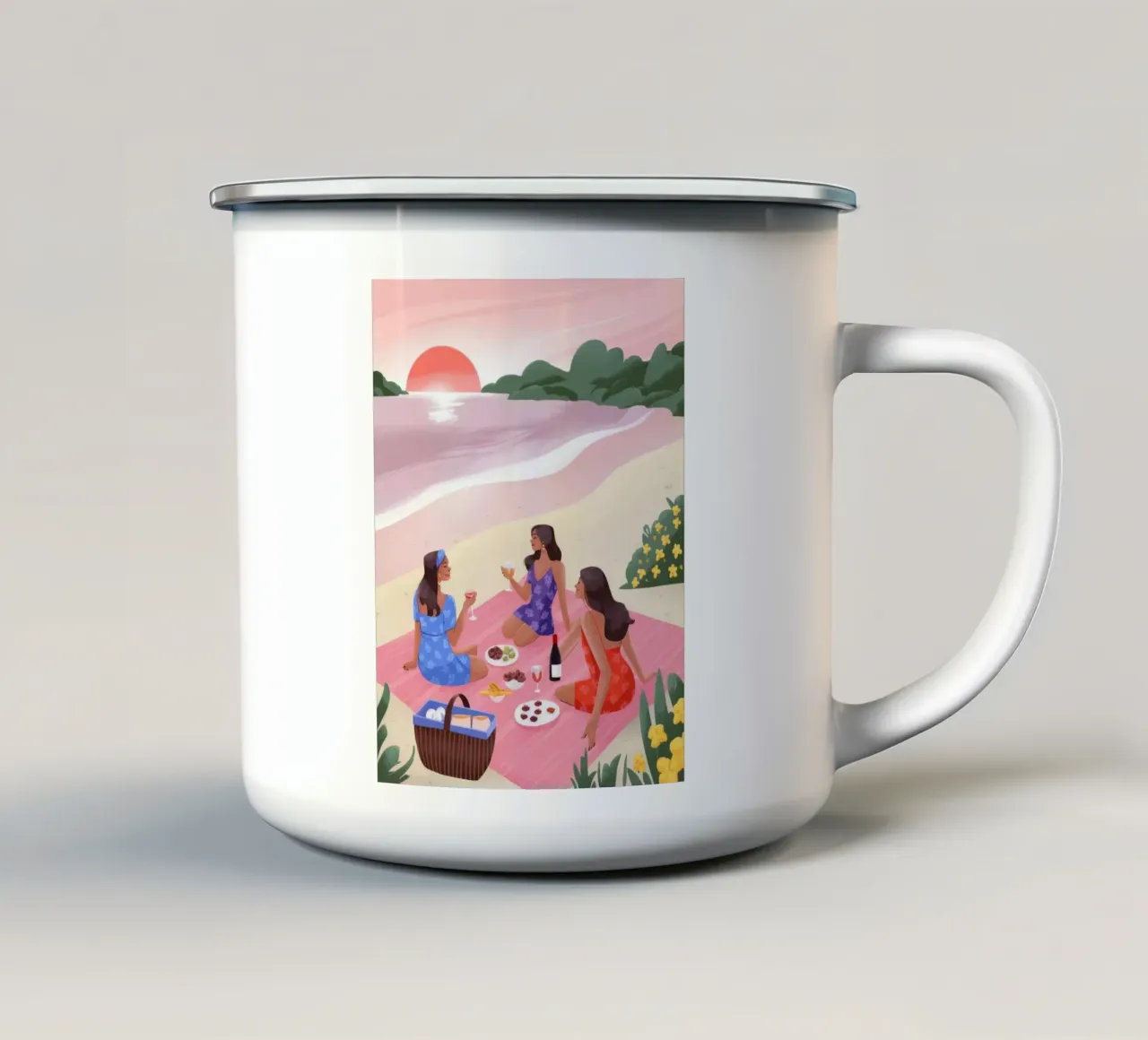 Picnic sulla spiaggia al tramonto tazza in smalto da Lumina Vision