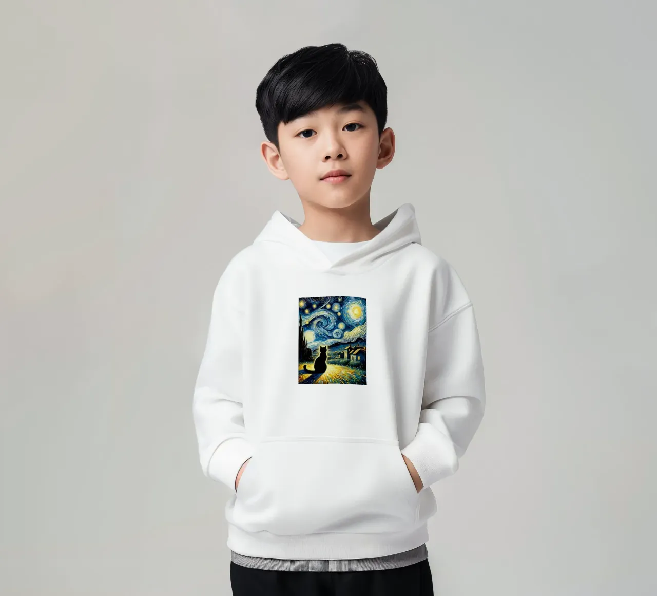 Cat in night kids hoodie by Waylons Studio