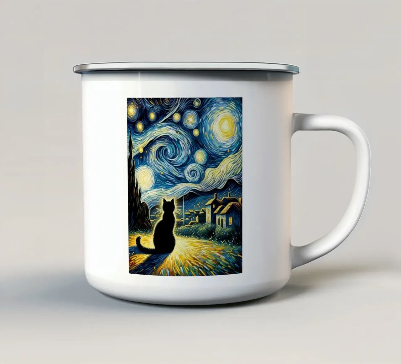 Gatto di notte tazza in smalto da Waylons Studio
