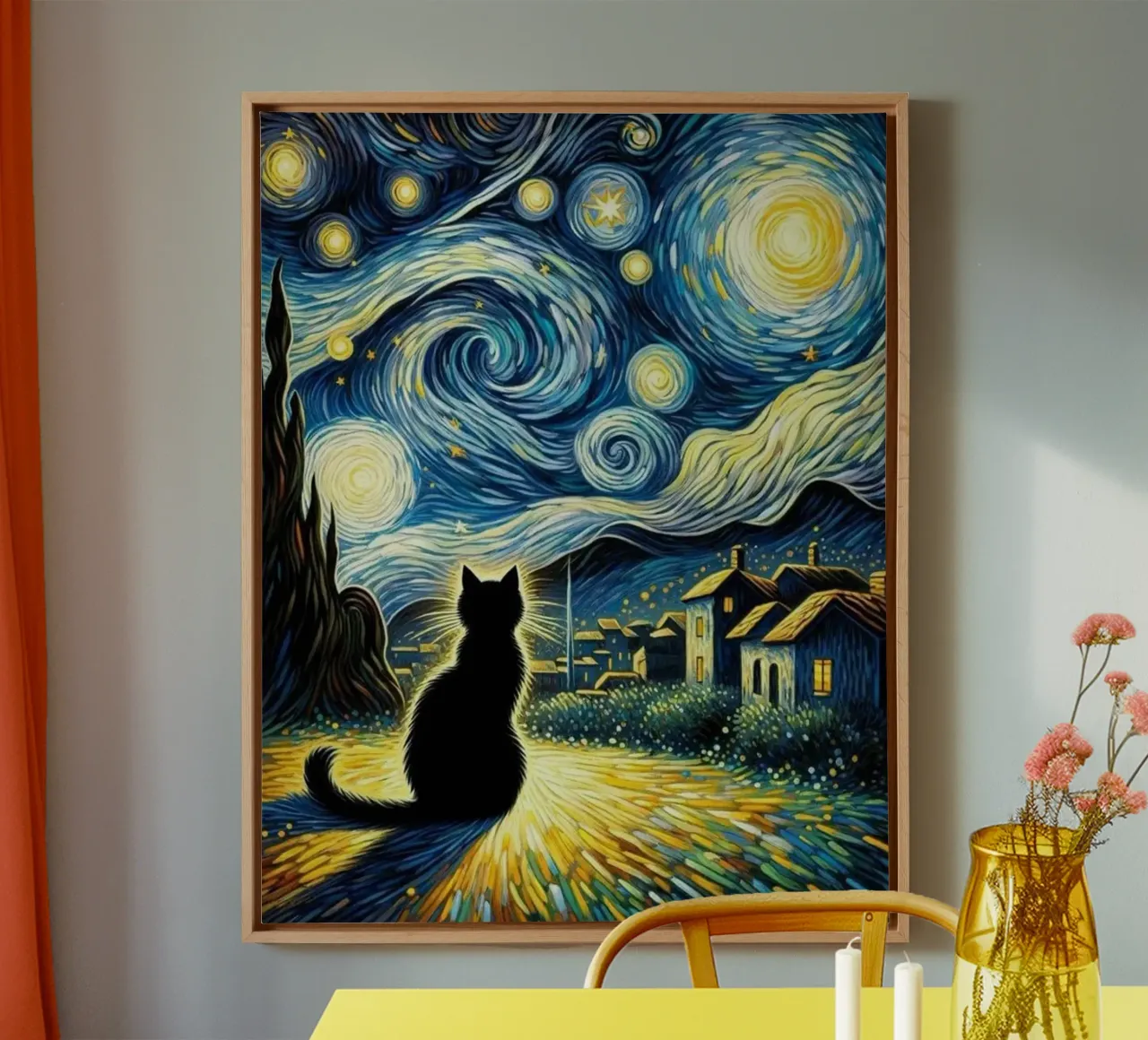 Kat in de nacht canvas met Baklijst van Waylons Studio