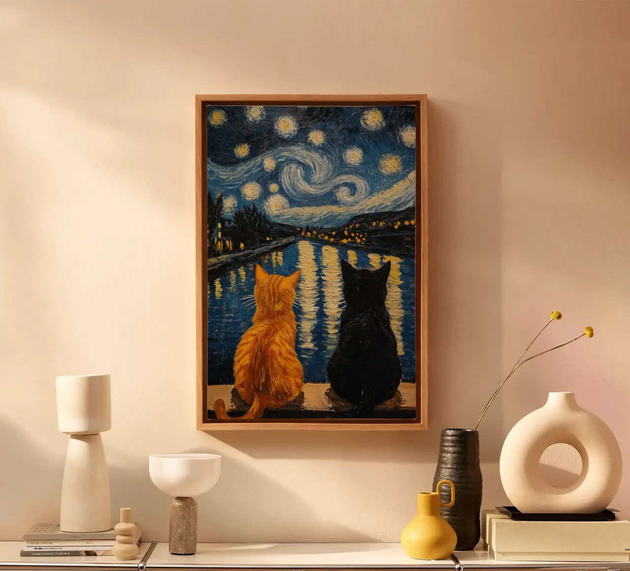 Due gatti di notte tela con Cornice a cassetta da Waylons Studio