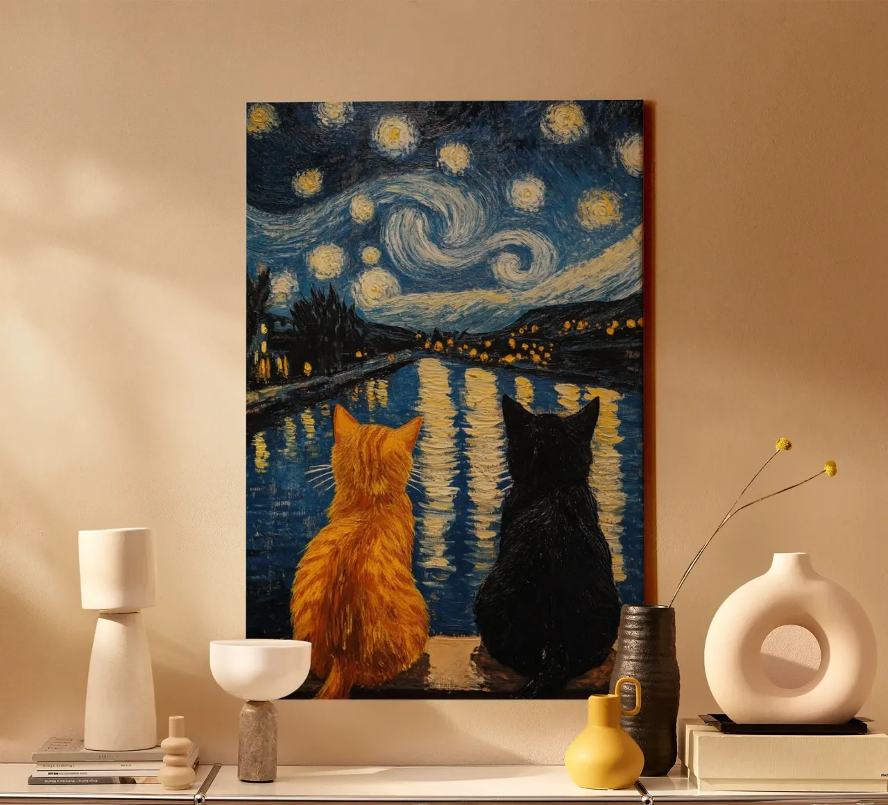 Due gatti di notte tela con Cornice a cassetta da Waylons Studio