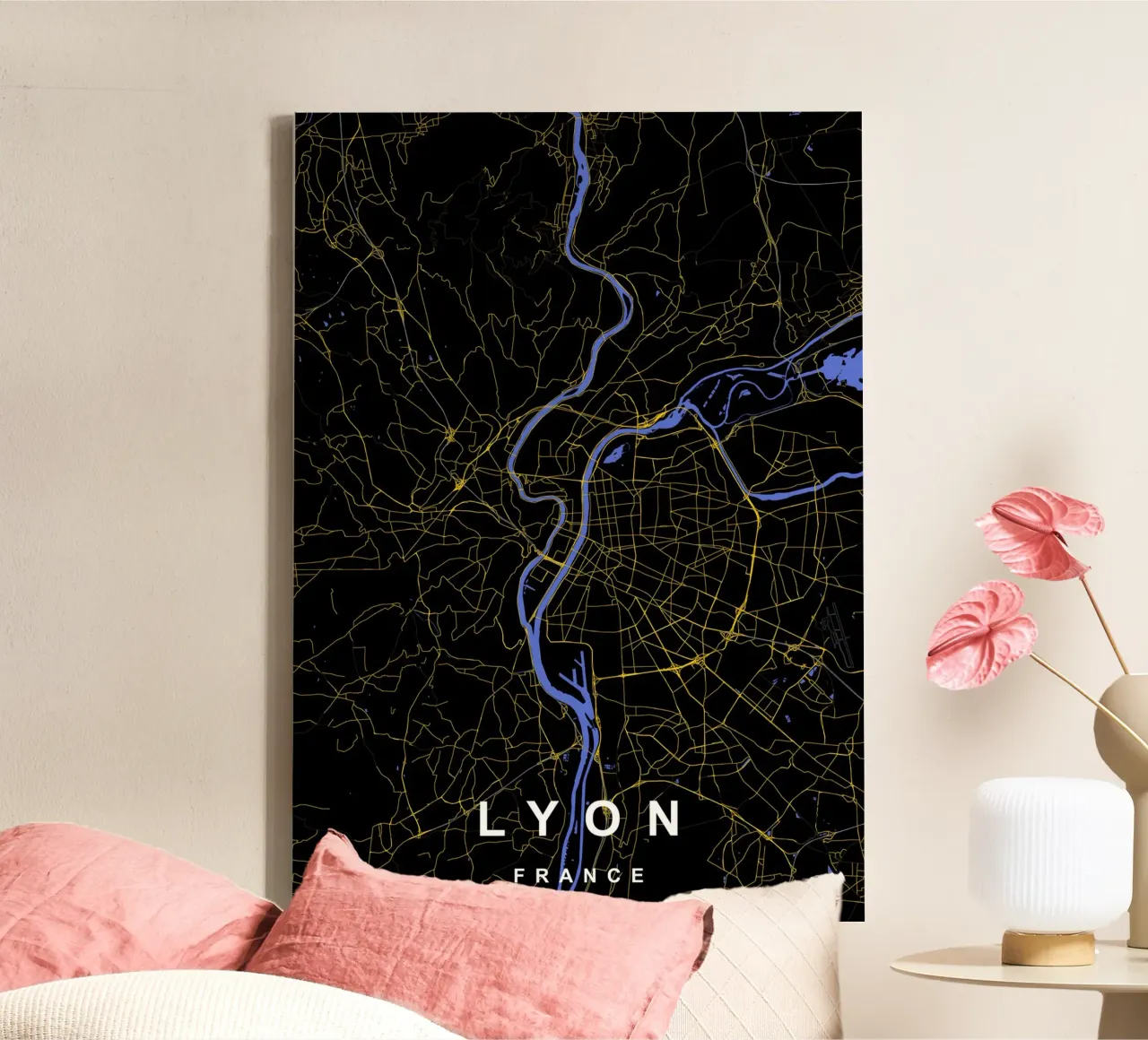 Lione Francia - Mappa della città in nero e oro tela con Cornice a cassetta da Cartographers Library