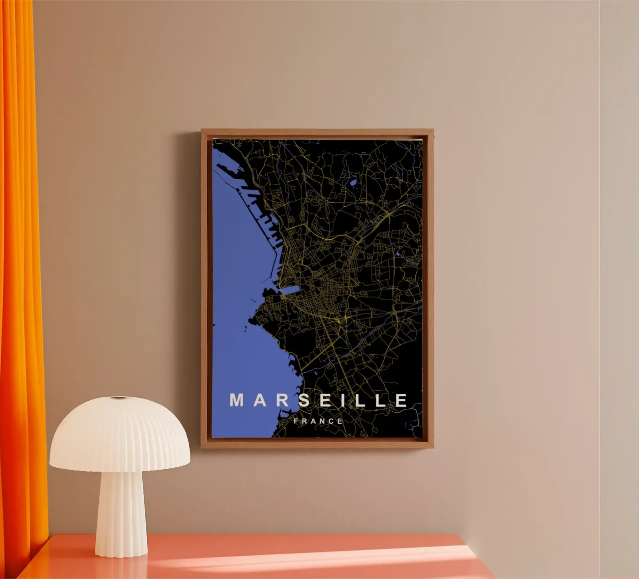 Marsiglia Francia - Mappa della città in nero e oro tela con Cornice a cassetta da Cartographers Library