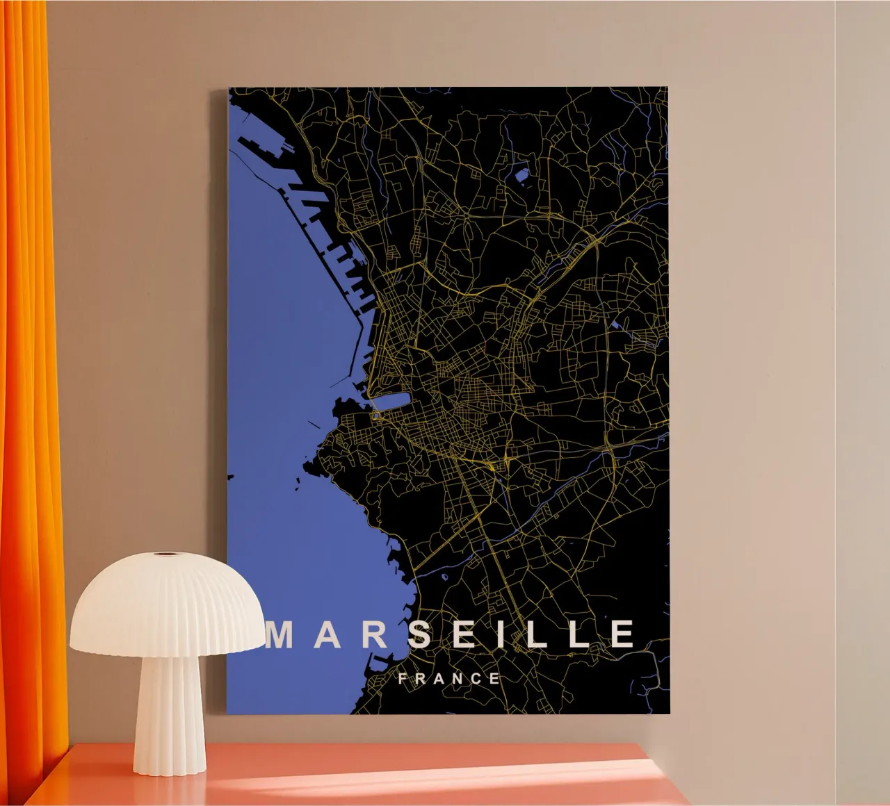 Marsiglia Francia - Mappa della città in nero e oro tela con Cornice a cassetta da Cartographers Library
