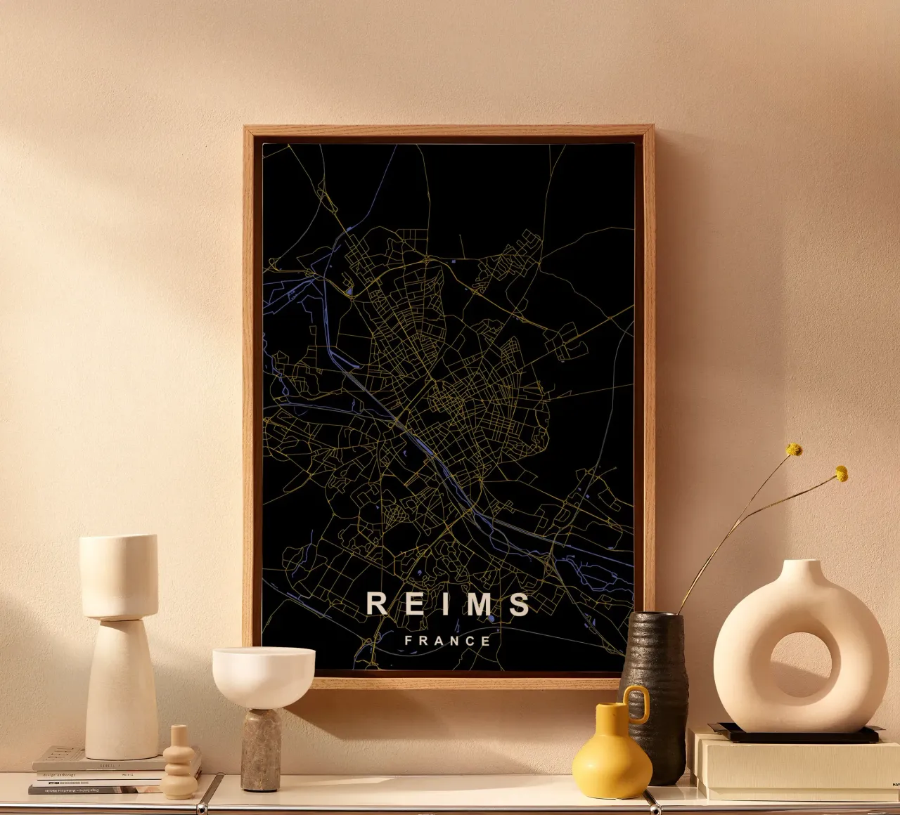 Reims Frankrijk Kaart Zwart-Goud canvas met Baklijst van Cartographers Library