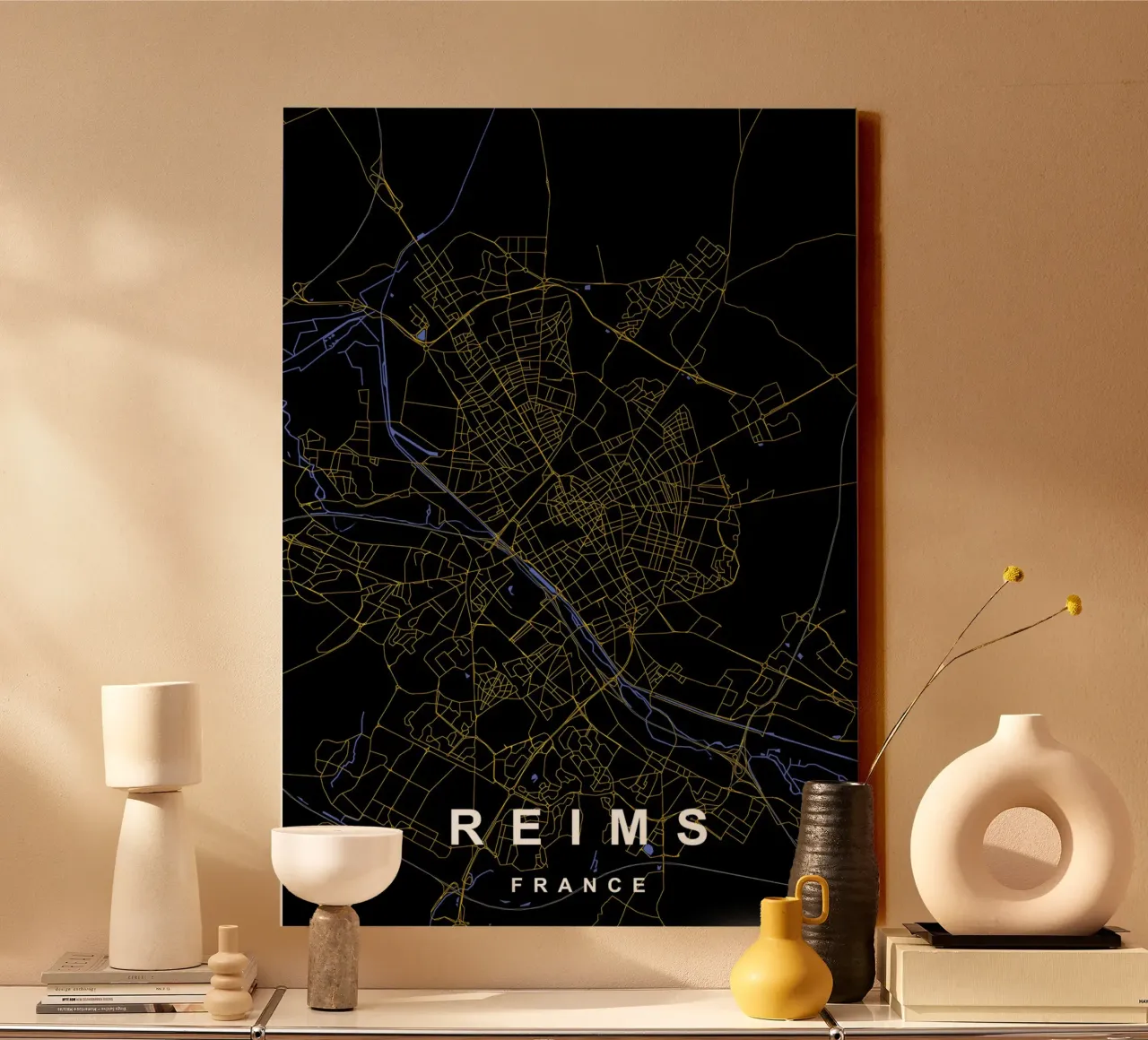 Reims Frankrijk Kaart Zwart-Goud canvas met Baklijst van Cartographers Library