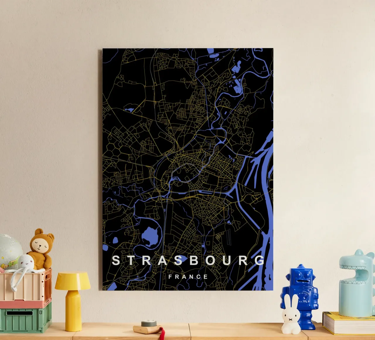 Strasburgo Francia - Mappa della città in nero e oro alluminio dibond da Cartographers Library
