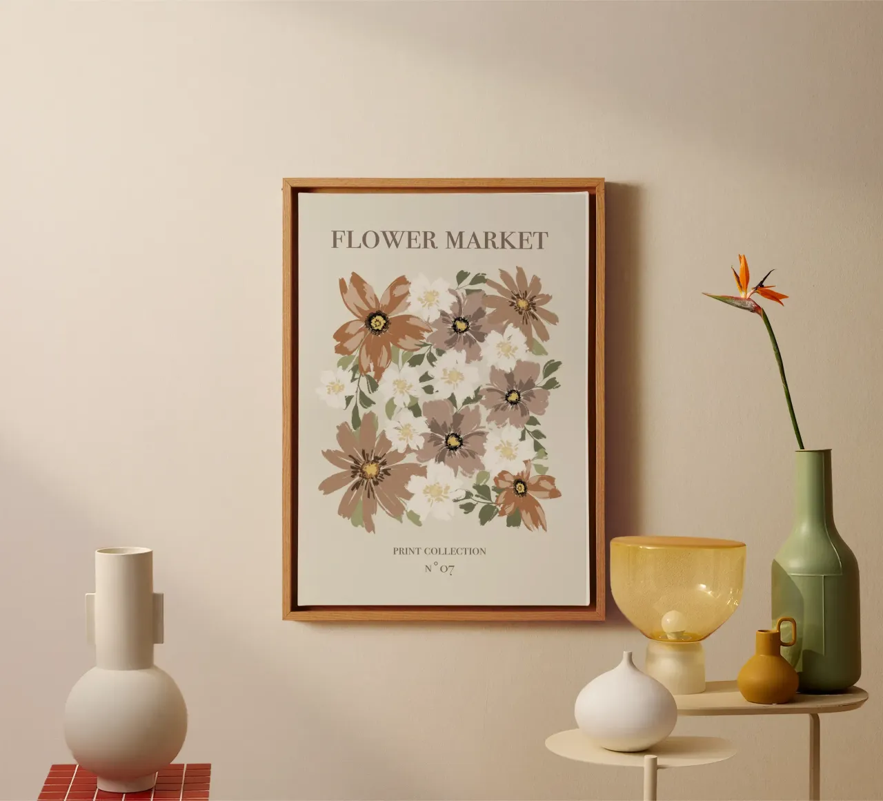 Mercado de flores marrón y beige. lienzo con Marco flotante de Sixmai
