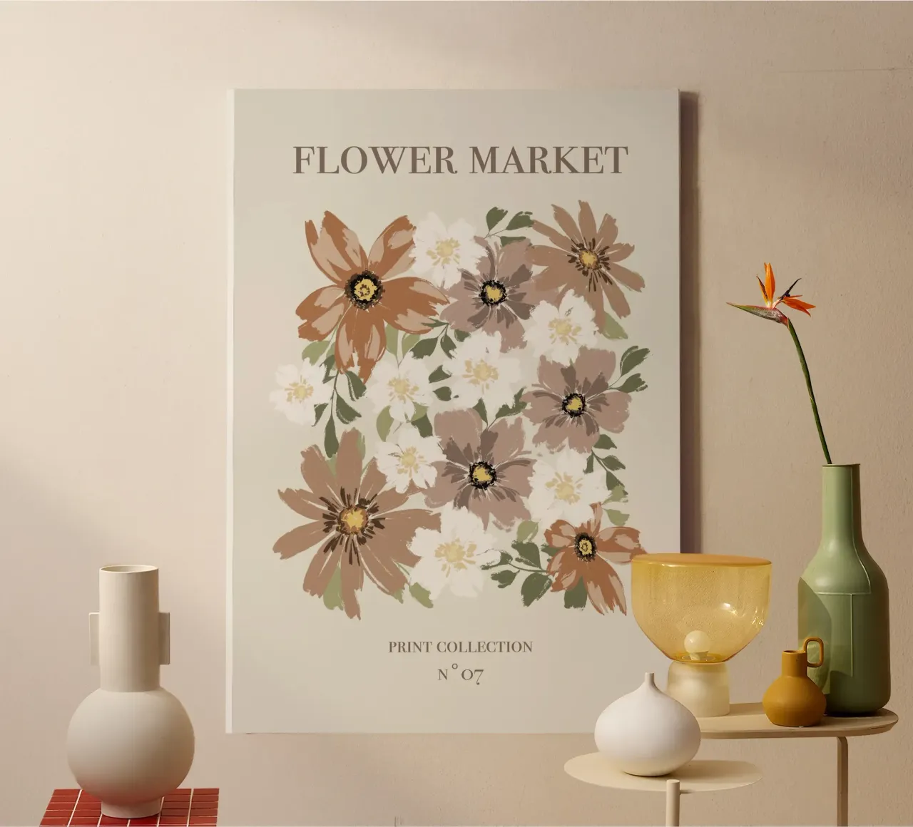 Mercado de flores marrón y beige. lienzo con Marco flotante de Sixmai