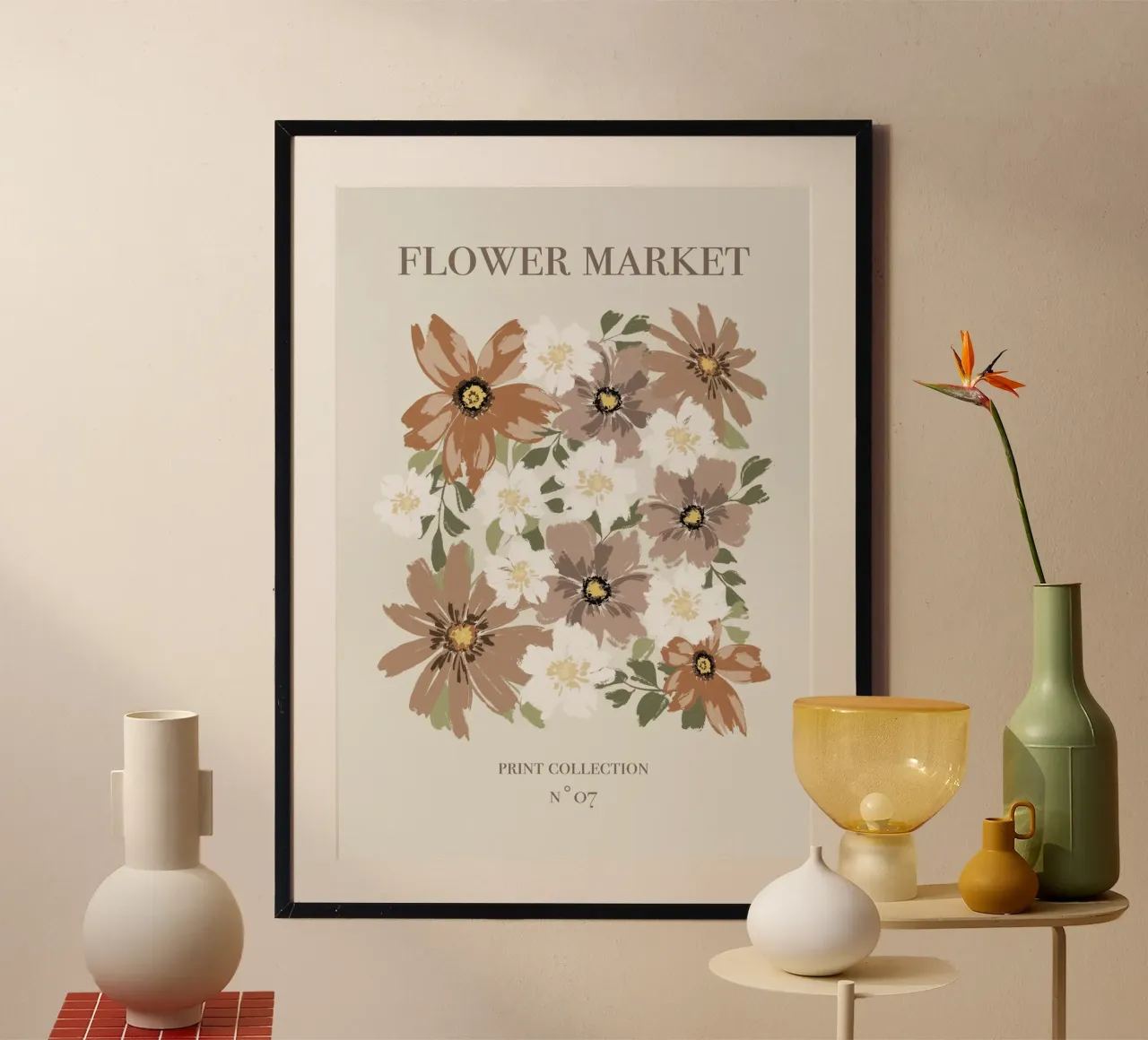 Mercato dei fiori marrone e beige. poster con telaio in legno da Sixmai