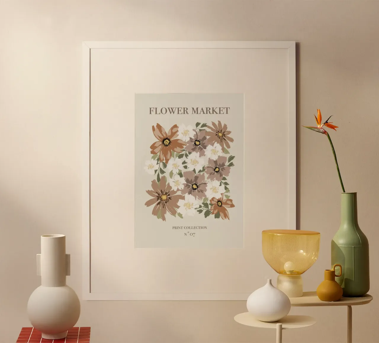 Mercato dei fiori marrone e beige. poster con telaio in legno da Sixmai