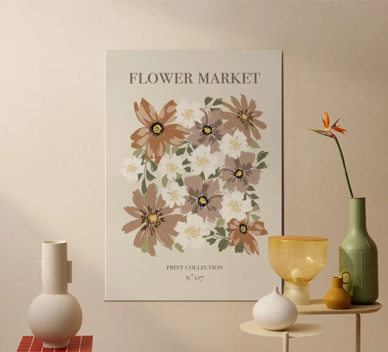 Mercato dei fiori marrone e beige. poster con telaio in legno da Sixmai
