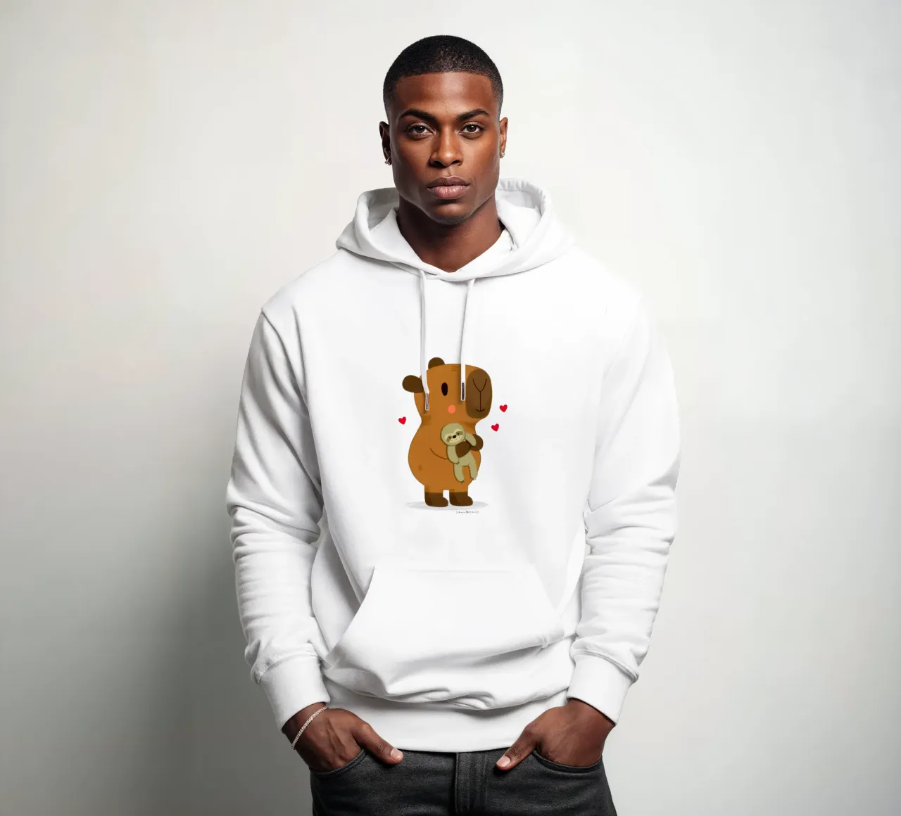 Capybara hugging a sloth plushie toy hoodie by julianamotzko