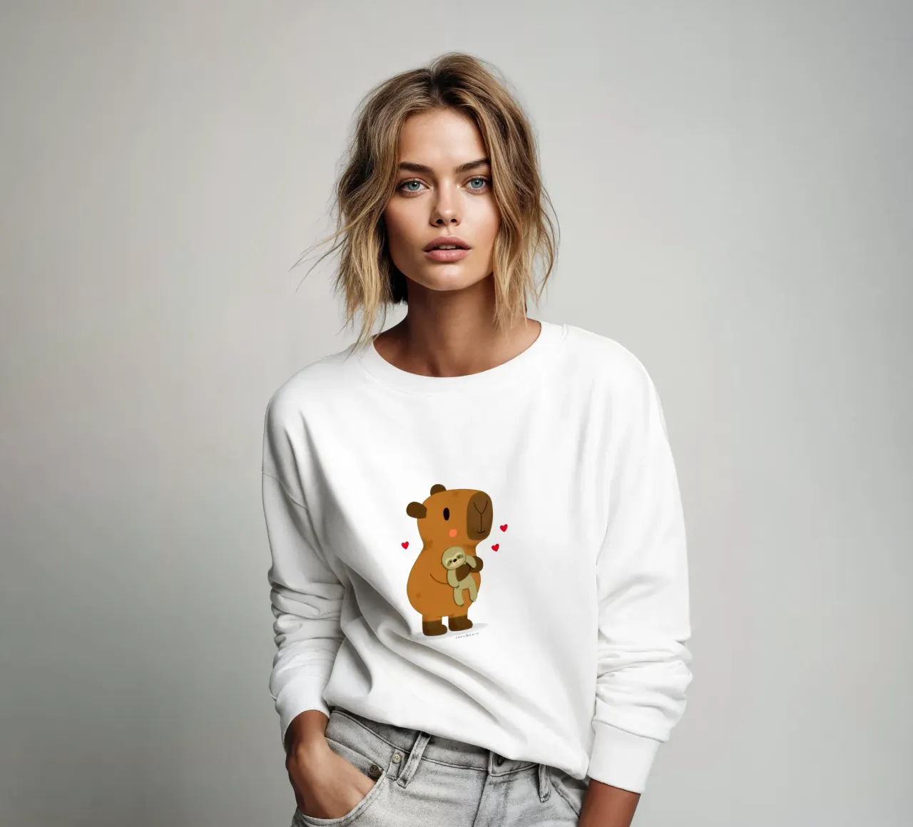Wasserschwein, das ein Faultier-Plüschtier umarmt Sweatshirt von julianamotzko