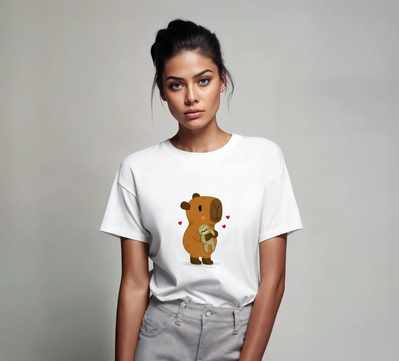 Capybara hugging a sloth plushie toy t-shirt by julianamotzko