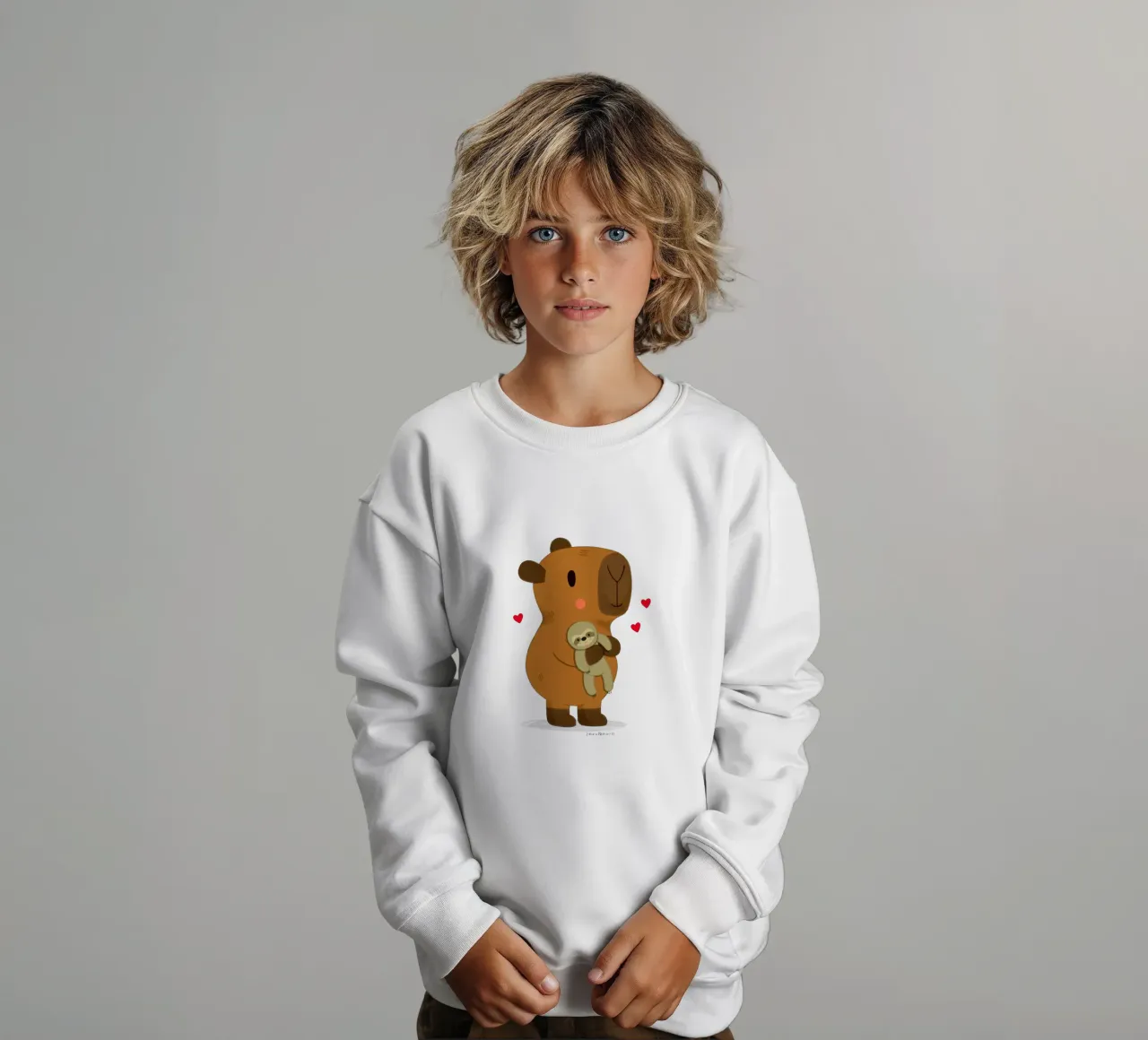 Capybara hugging a sloth plushie toy kids sweatshirt by julianamotzko