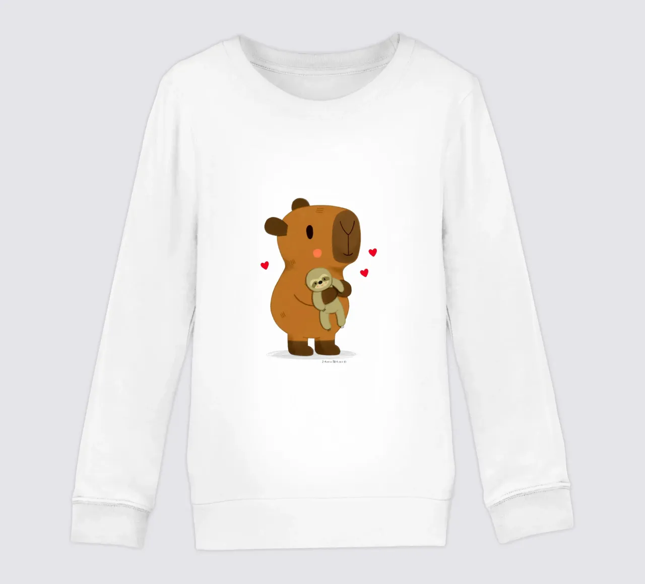 Capybara hugging a sloth plushie toy kids sweatshirt by julianamotzko