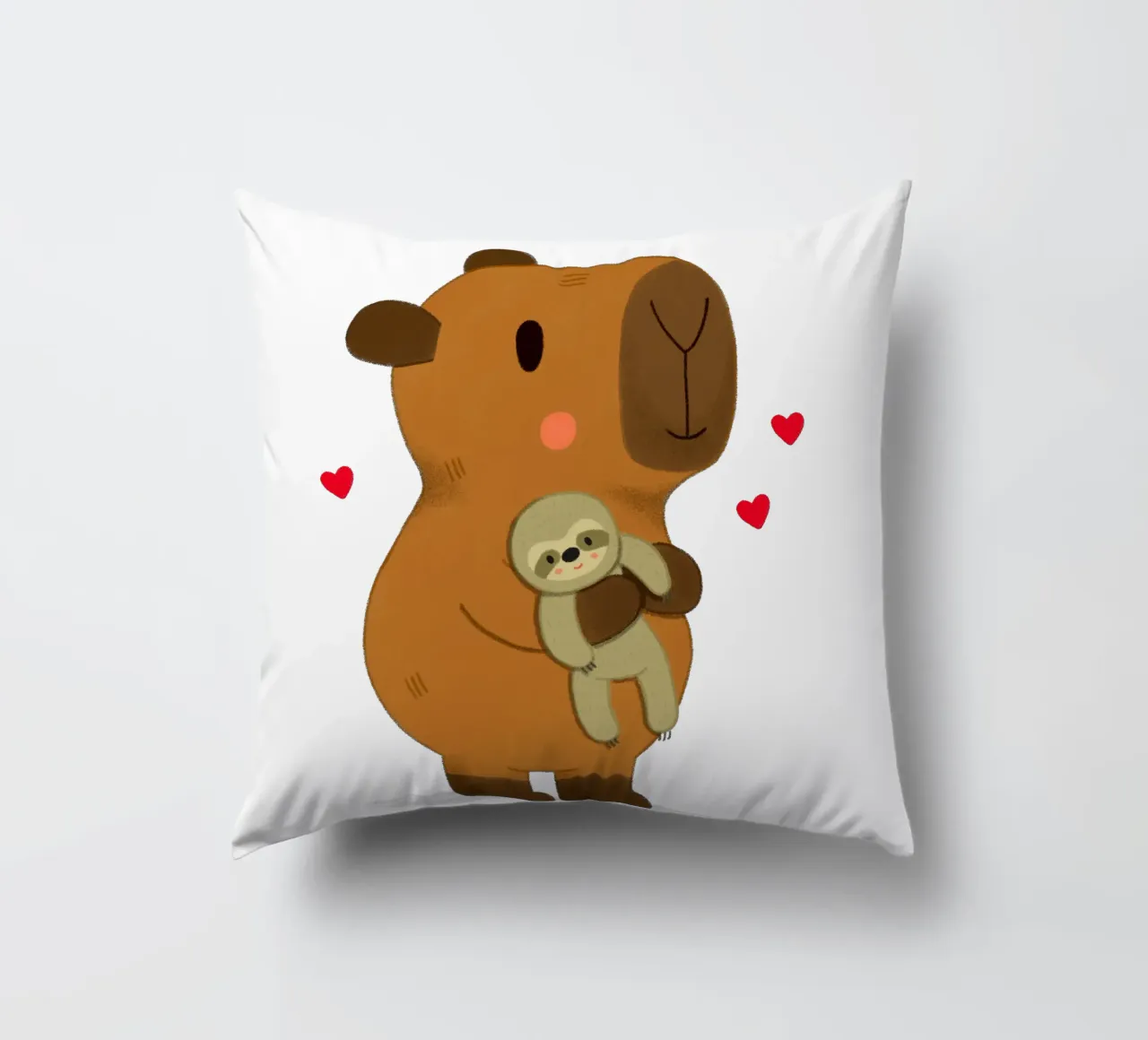 Capybara hugging a sloth plushie toy decorative cushion by julianamotzko