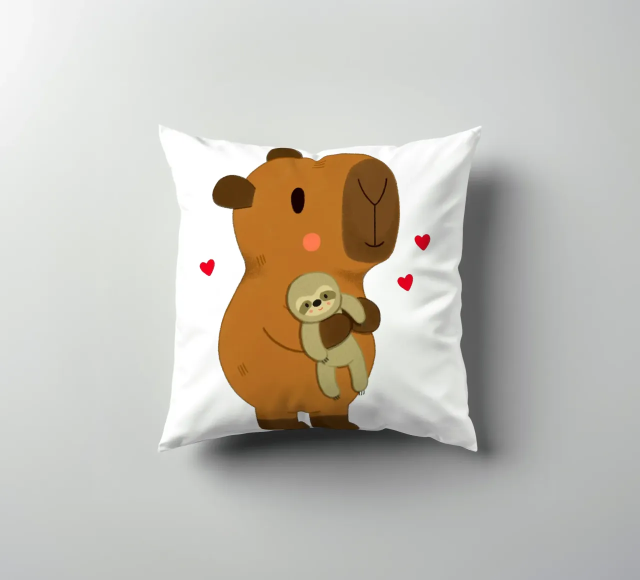 Capybara hugging a sloth plushie toy decorative cushion by julianamotzko