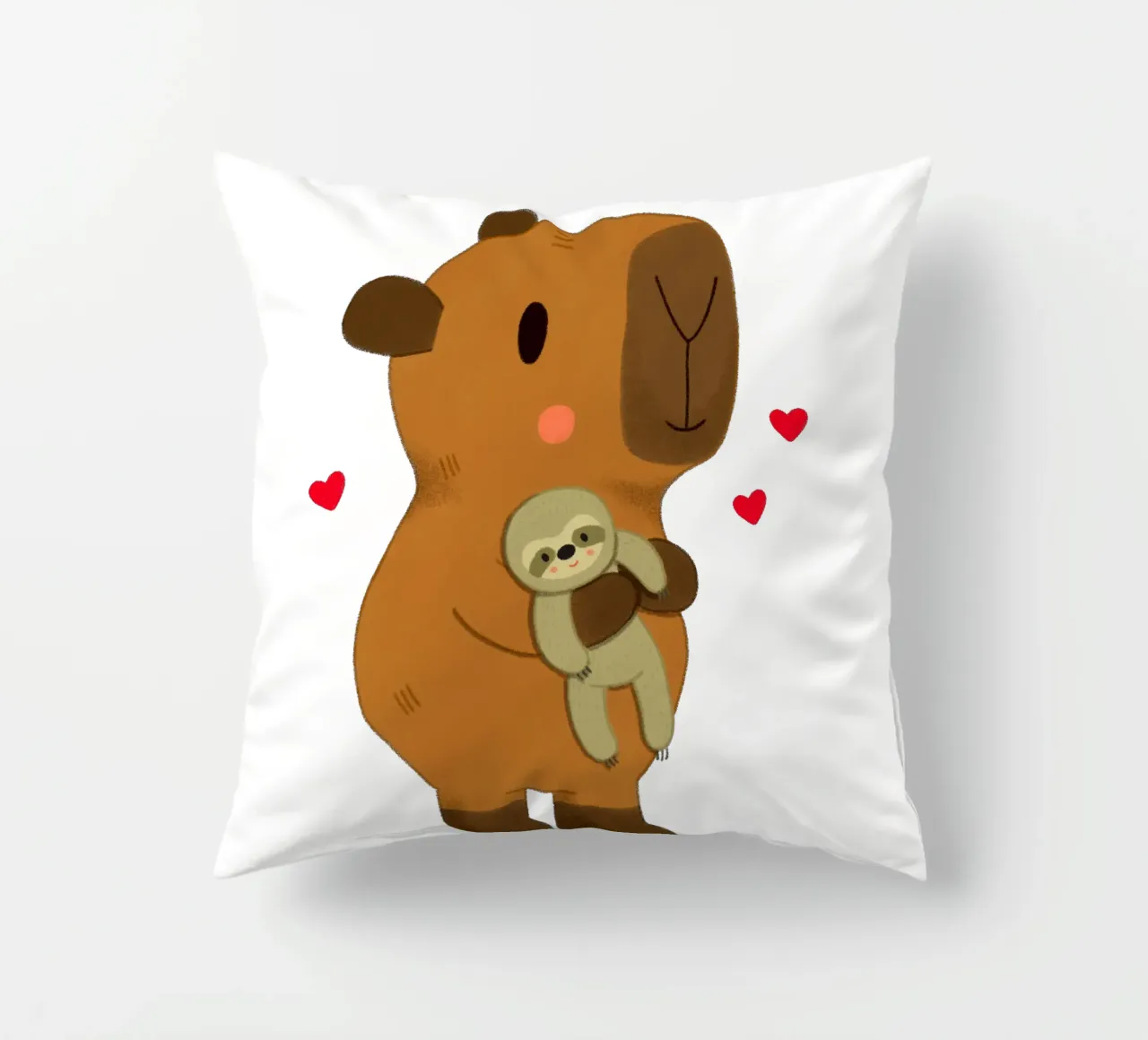 Capybara hugging a sloth plushie toy decorative cushion by julianamotzko