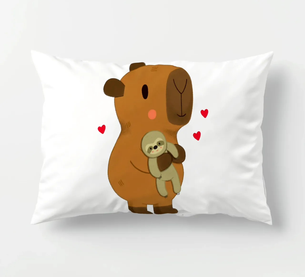 Capybara hugging a sloth plushie toy decorative cushion by julianamotzko