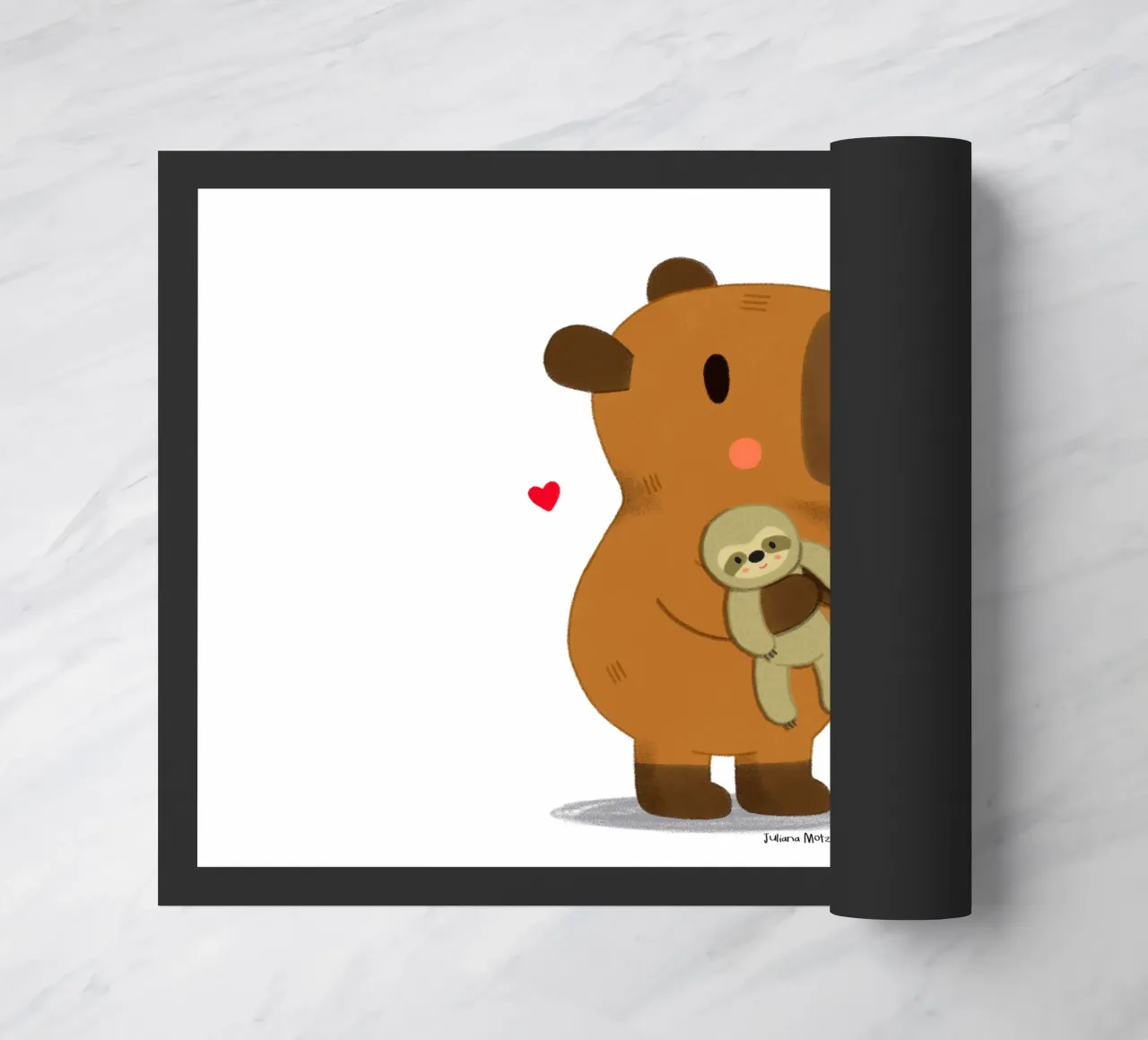 Capybara hugging a sloth plushie toy doormat by julianamotzko