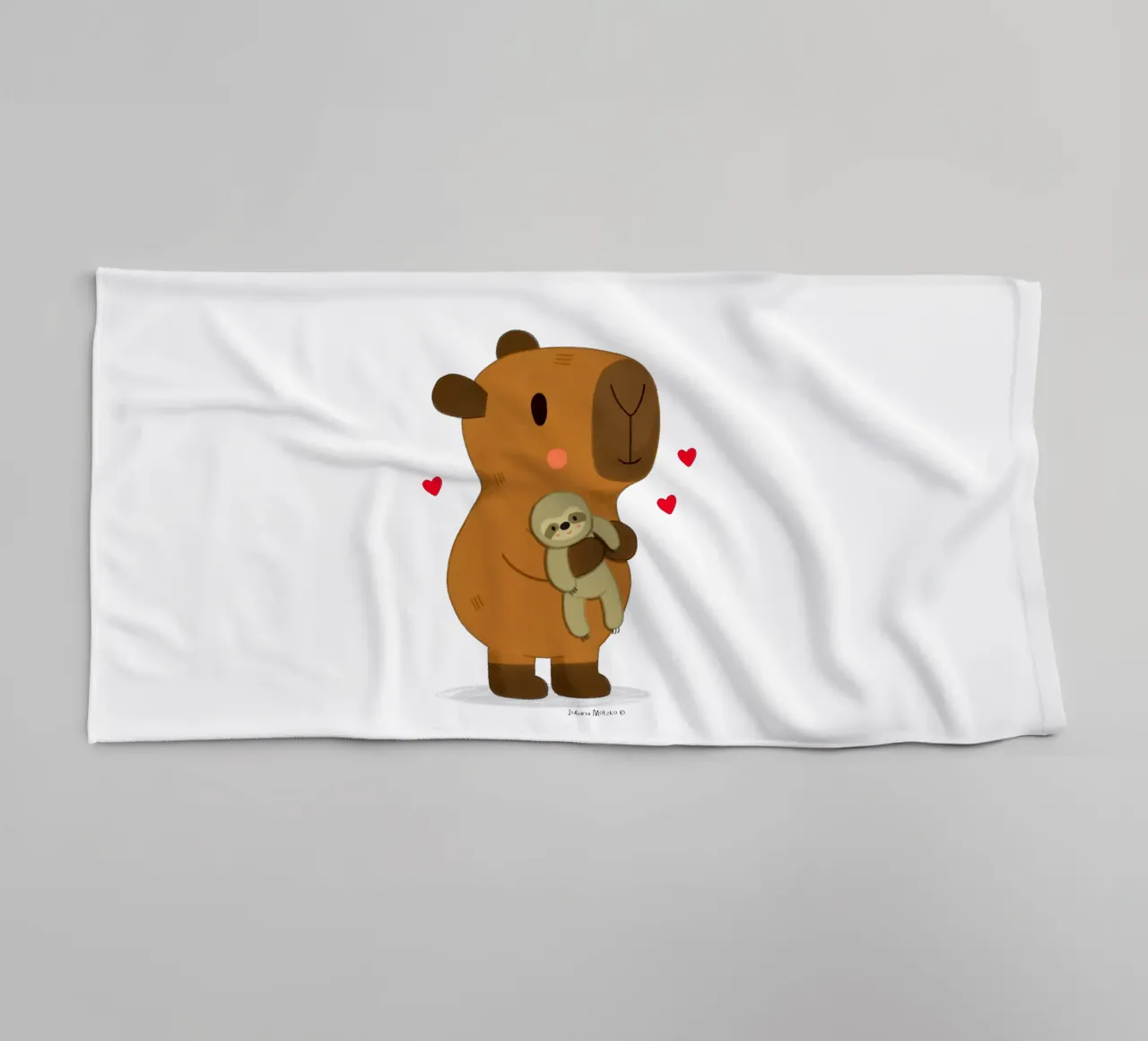Capybara hugging a sloth plushie toy towel by julianamotzko