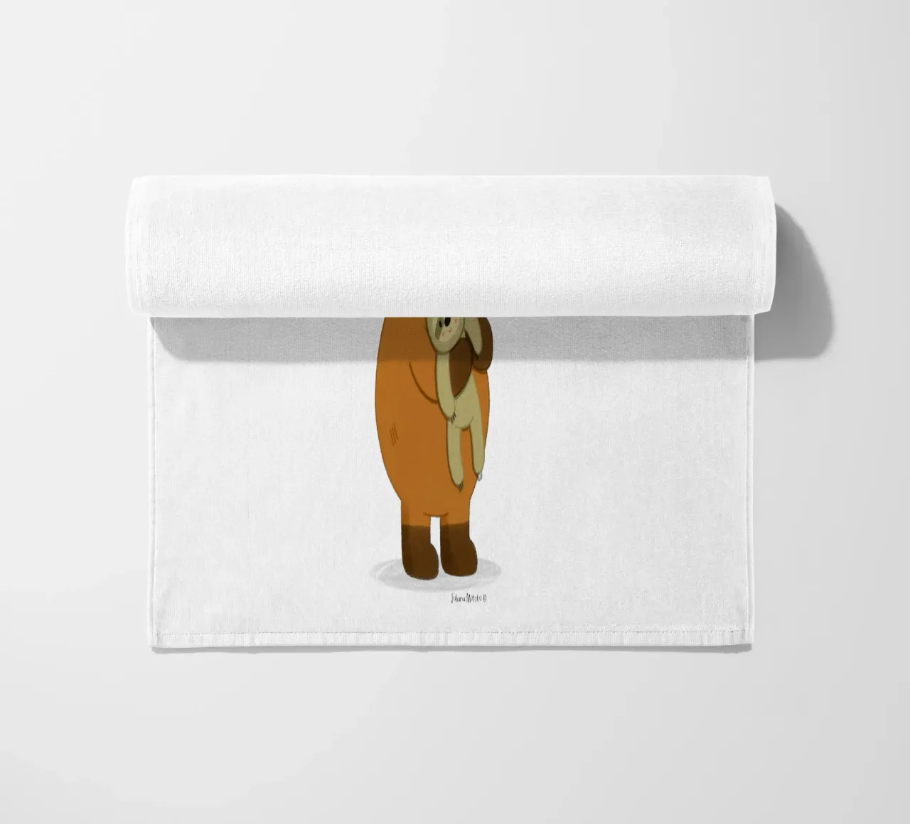 Capybara hugging a sloth plushie toy beach towel by julianamotzko