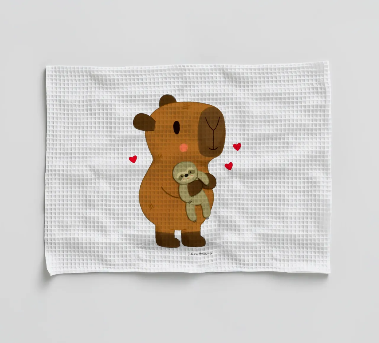 Capybara hugging a sloth plushie toy tea towel by julianamotzko
