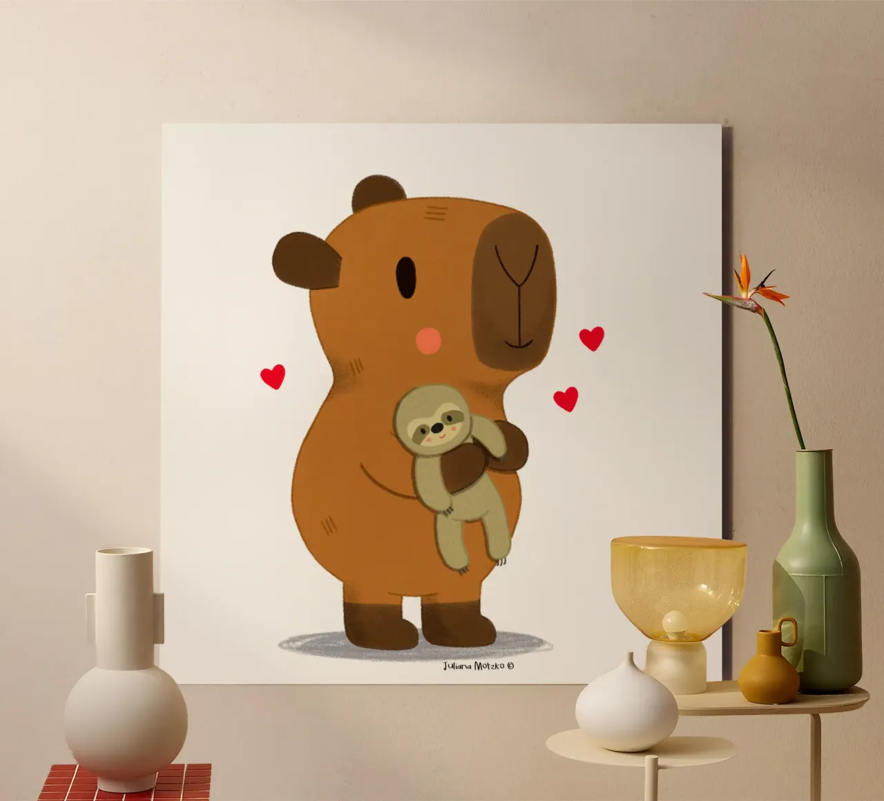 Capybara hugging a sloth plushie toy alu-dibond by julianamotzko