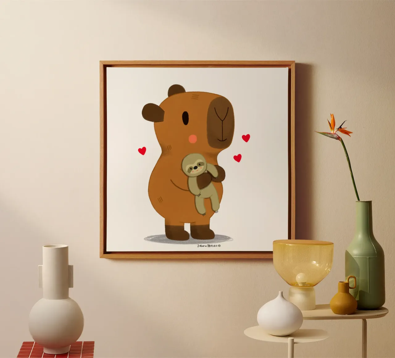Capybara hugging a sloth plushie toy canvas by julianamotzko