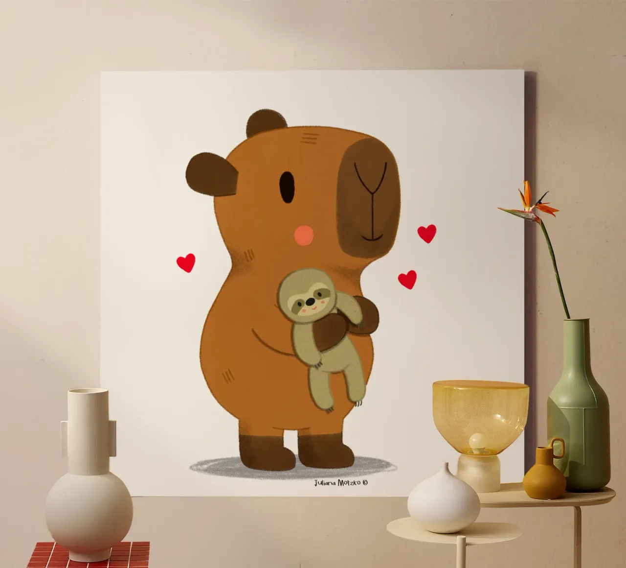 Capybara hugging a sloth plushie toy canvas by julianamotzko