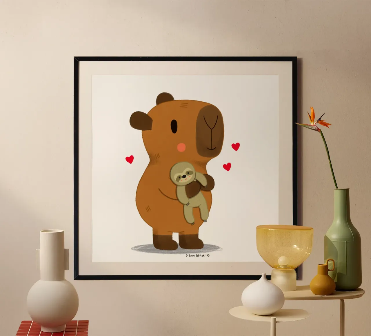 Capybara hugging a sloth plushie toy hahnemühle by julianamotzko