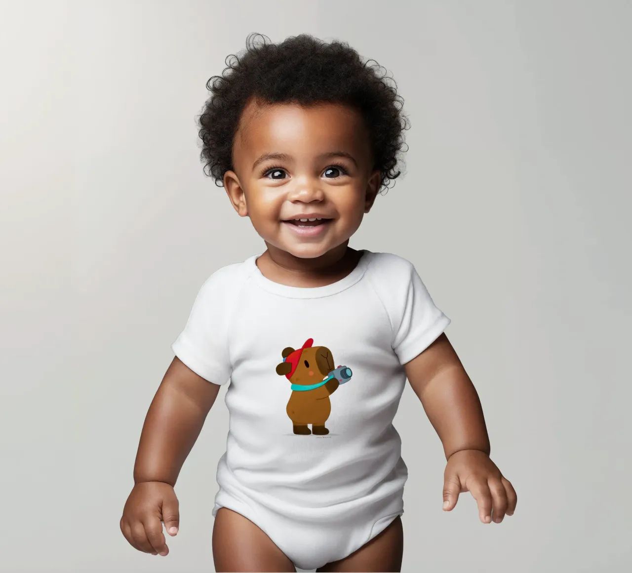 Capybara with cap and camera touristing short-sleeve baby romper by julianamotzko