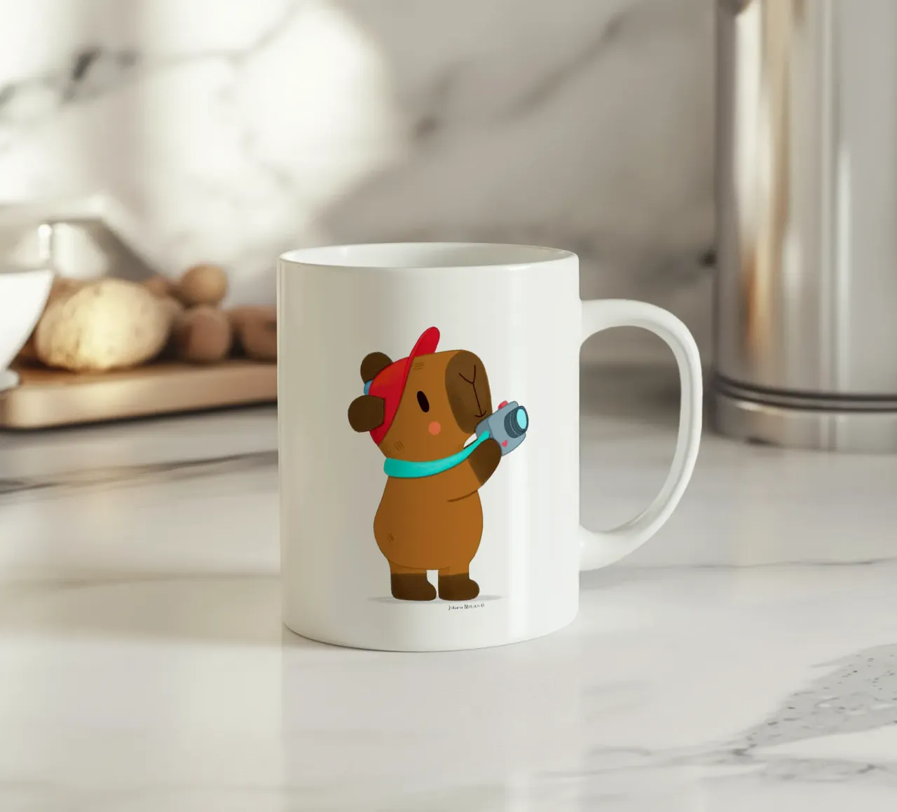 Capybara with cap and camera touristing ceramic mug by julianamotzko