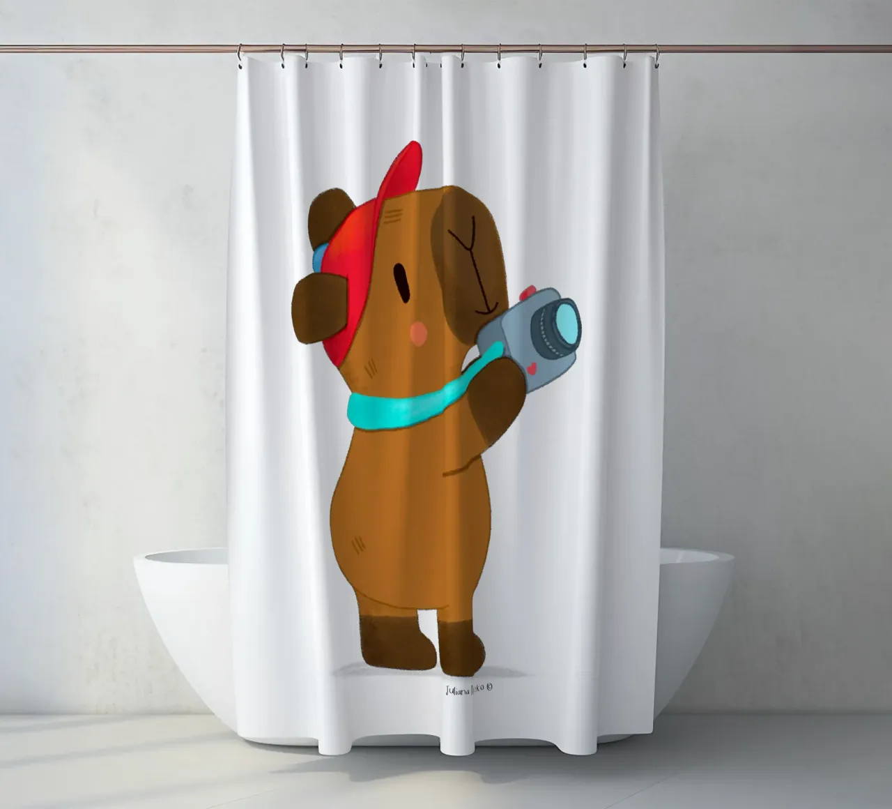 Capybara with cap and camera touristing shower curtain by julianamotzko