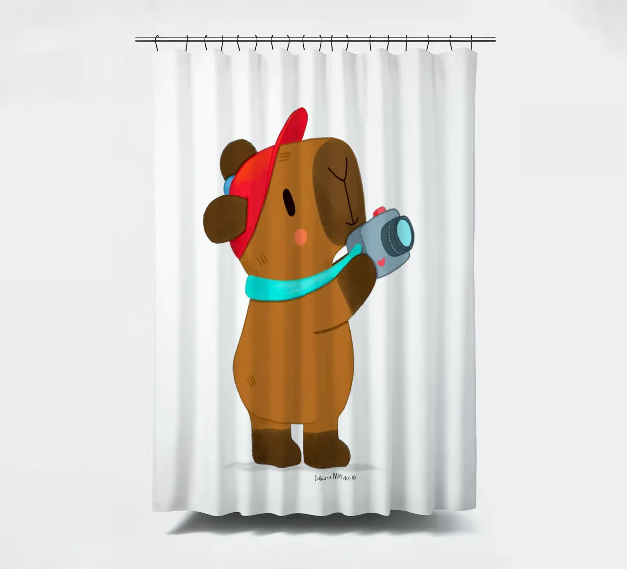 Capybara with cap and camera touristing shower curtain by julianamotzko