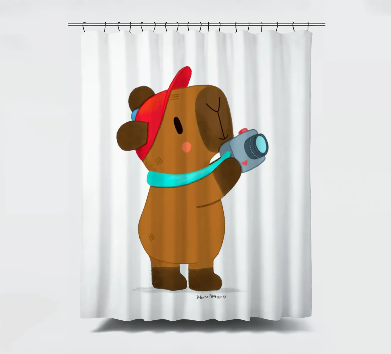 Capybara with cap and camera touristing shower curtain by julianamotzko