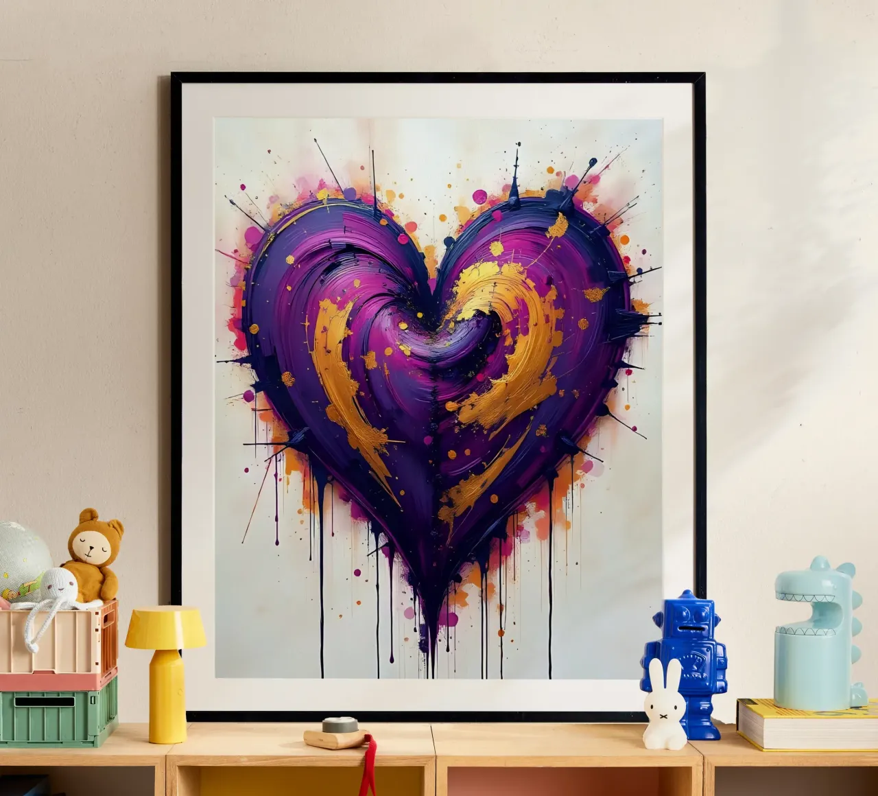 Herz_lila_gold_4 poster con telaio in alluminio da Pink- und LoveArt by LK