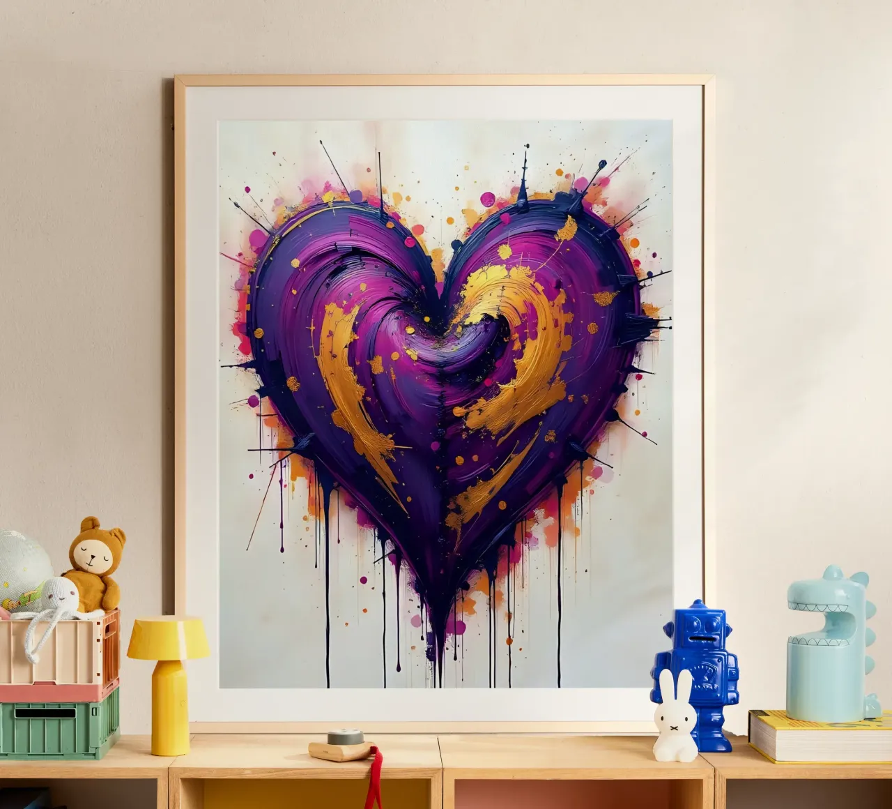 Herz_lila_gold_4 poster con telaio in alluminio da Pink- und LoveArt by LK