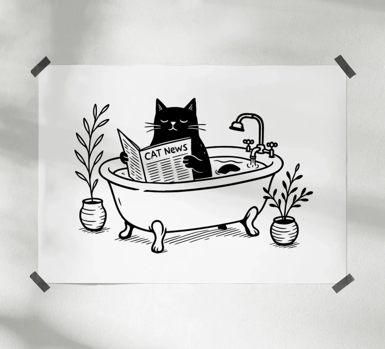 Il gatto legge il giornale poster con telaio in legno da Second Canvas