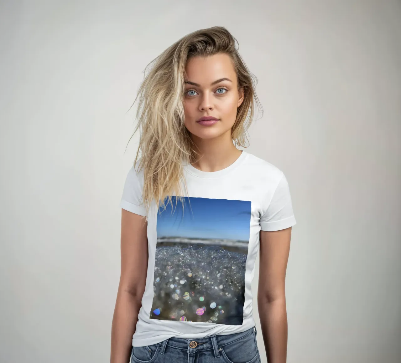 Bubbles on the beach women's fitted t-shirt by Sophies