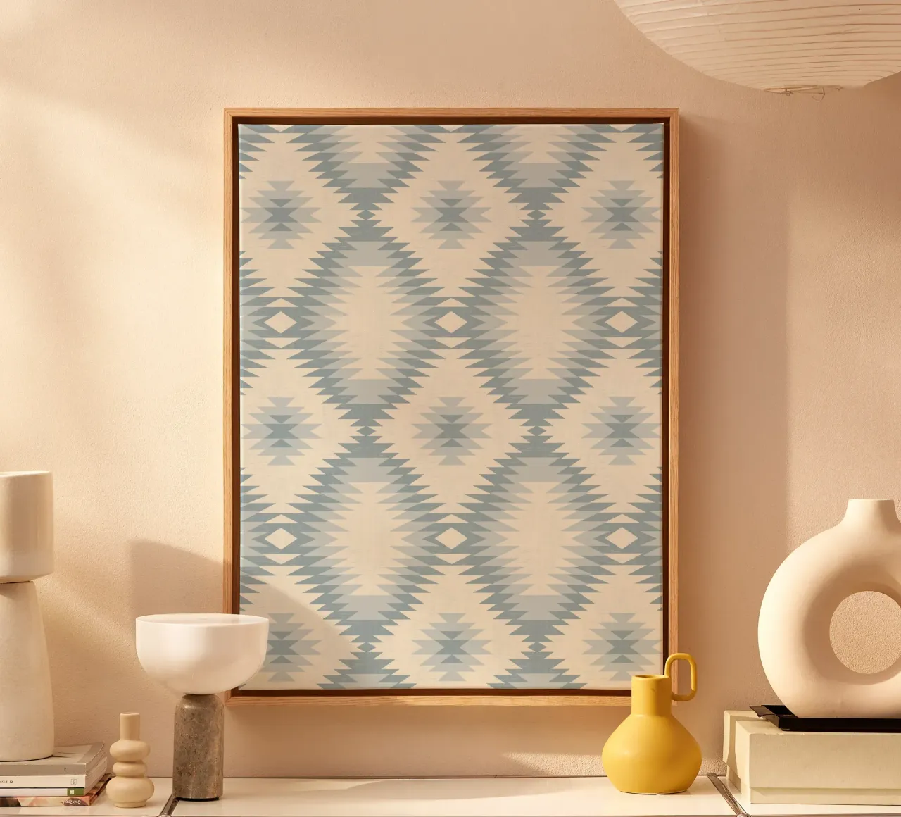 Zachte blauwe Azteekse diamant - Minimal Tribal Art Print canvas met Baklijst van Studio Birchwood