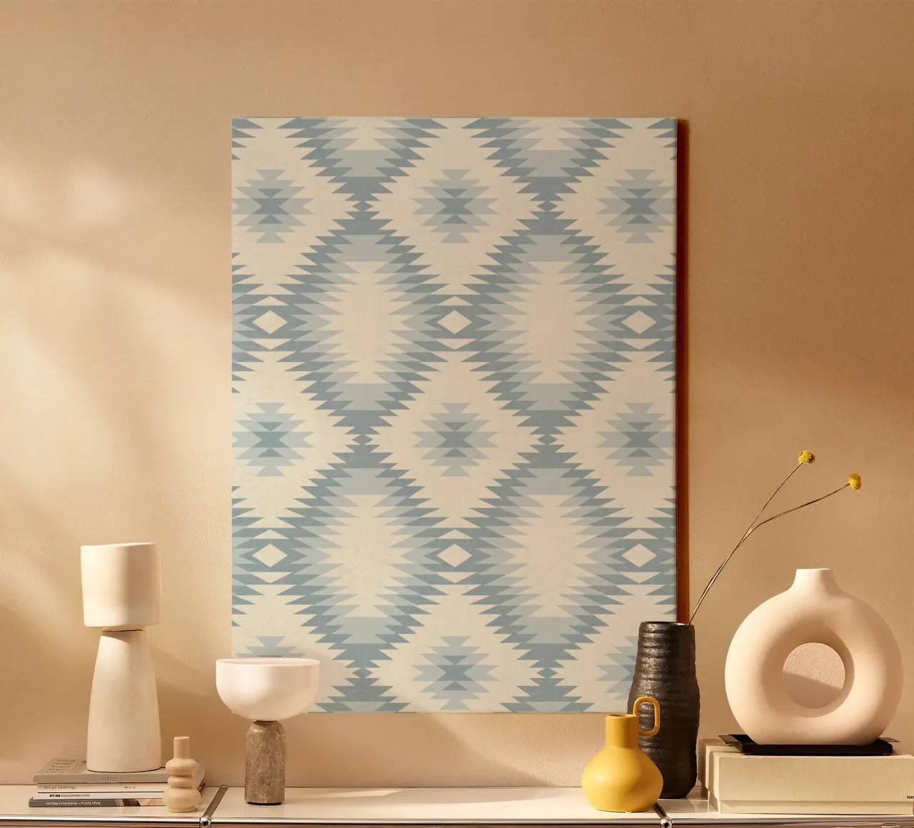 Zachte blauwe Azteekse diamant - Minimal Tribal Art Print canvas met Baklijst van Studio Birchwood